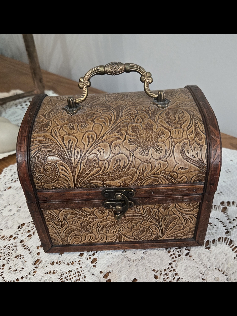 Embossed Floral Leather Treasure Chest with Brass Handle - Brown